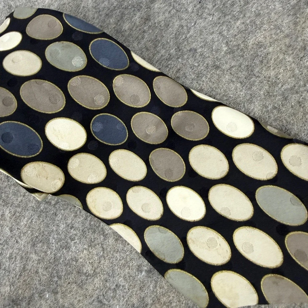 Bachrach Mens Silk Tie Made in Italy Geometric Oval Pattern Black Tan Grey Blue